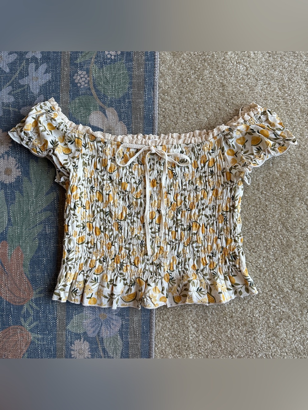 Smocked Off-Shoulder Lemon Print Crop Top - White/Yellow